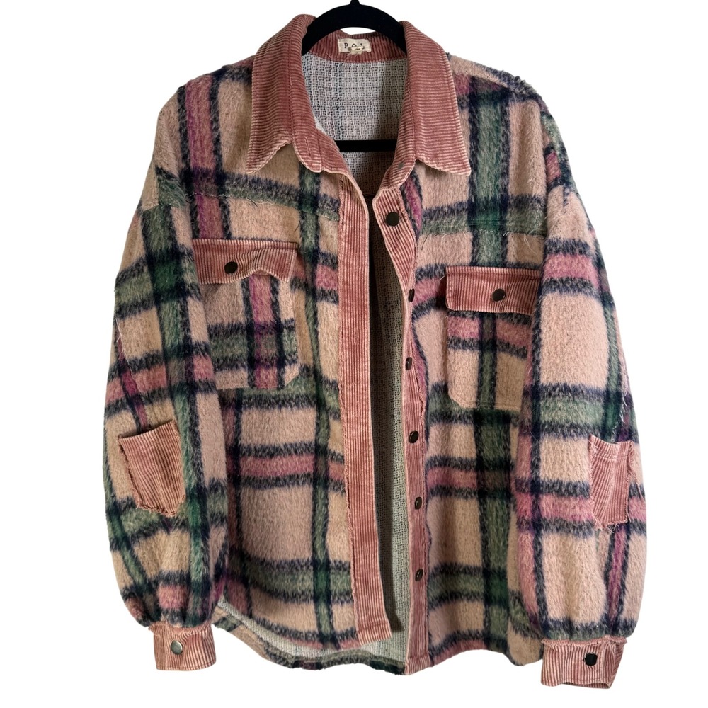 POL Clothing Womens Plaid Corduroy Trim Star Patch Shacket Jacket Pink Green L